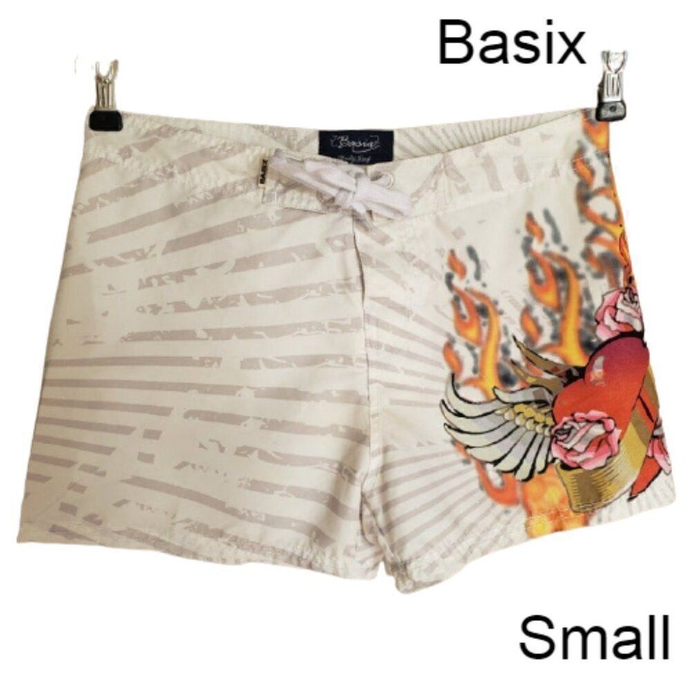 Women Swim Shorts Swimwear S Surf 2" Volley Shorts Winged Heart Flamesl NWOT